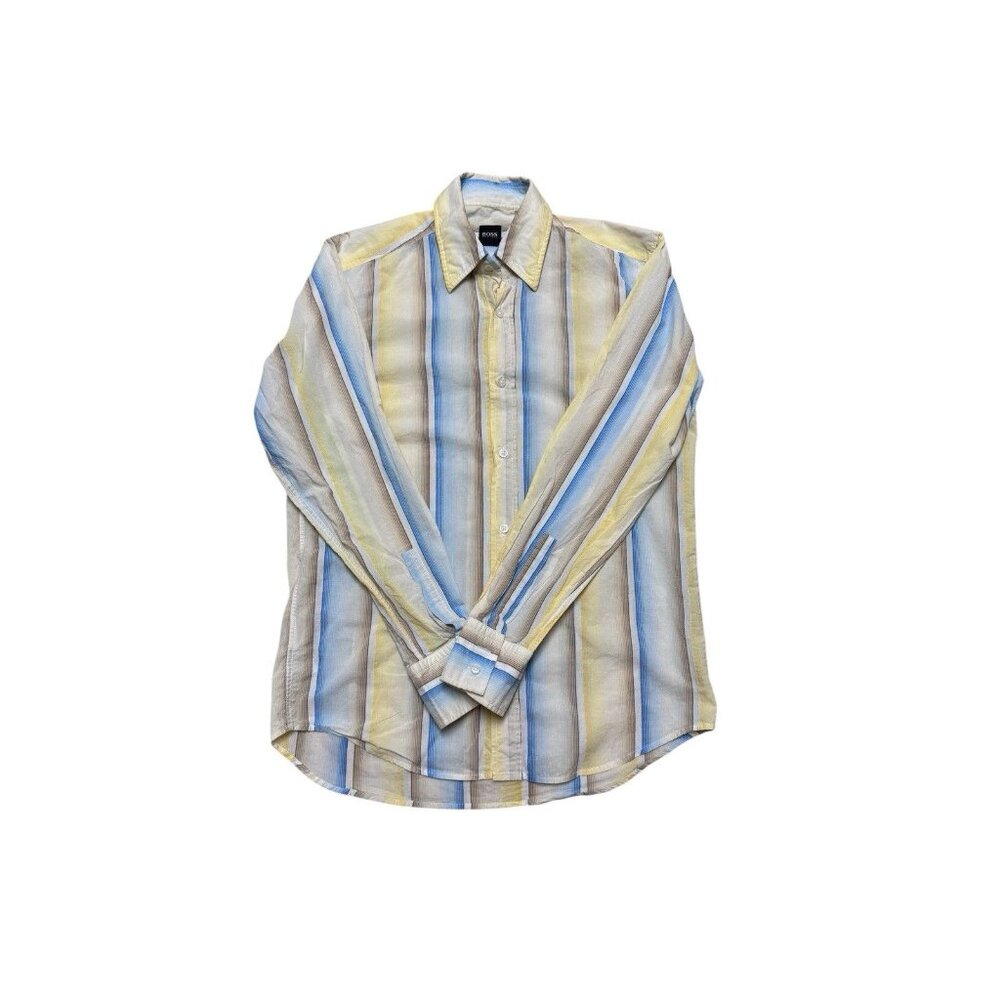 Hugo Boss Button Up Shirt Mens Small Striped Cotton Blue Yellow Casual